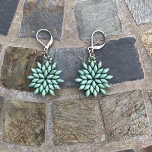 Green Beaded Snowflake Silver Earrings